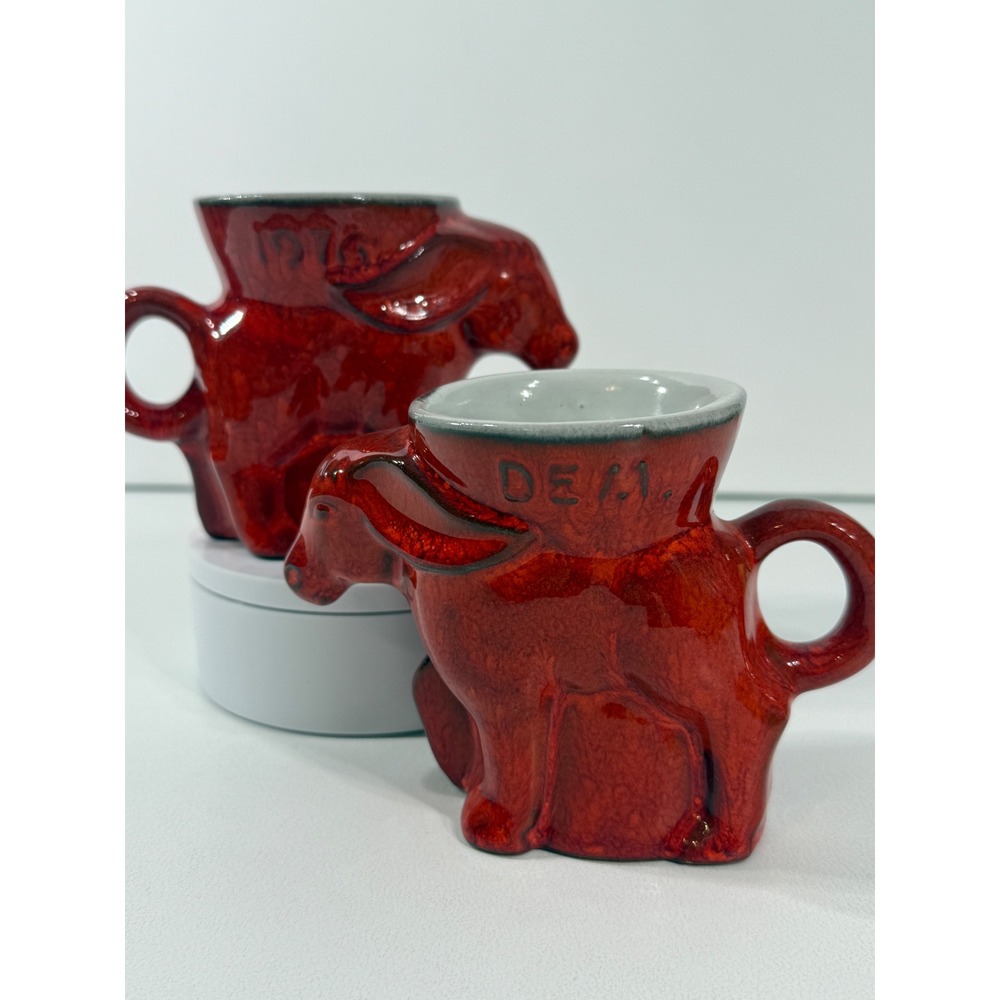 Frankoma Pottery 1976 Democratic Donkey Mugs Set of 2 Red Glaze DG05-739